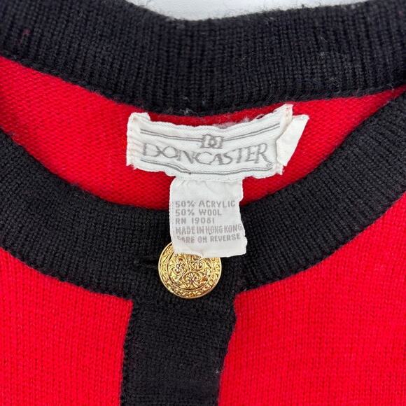 Doncaster Red Black & Gold Wool Blend Cardigan Small Plaid Accents Gold Buttons - Picture 5 of 12